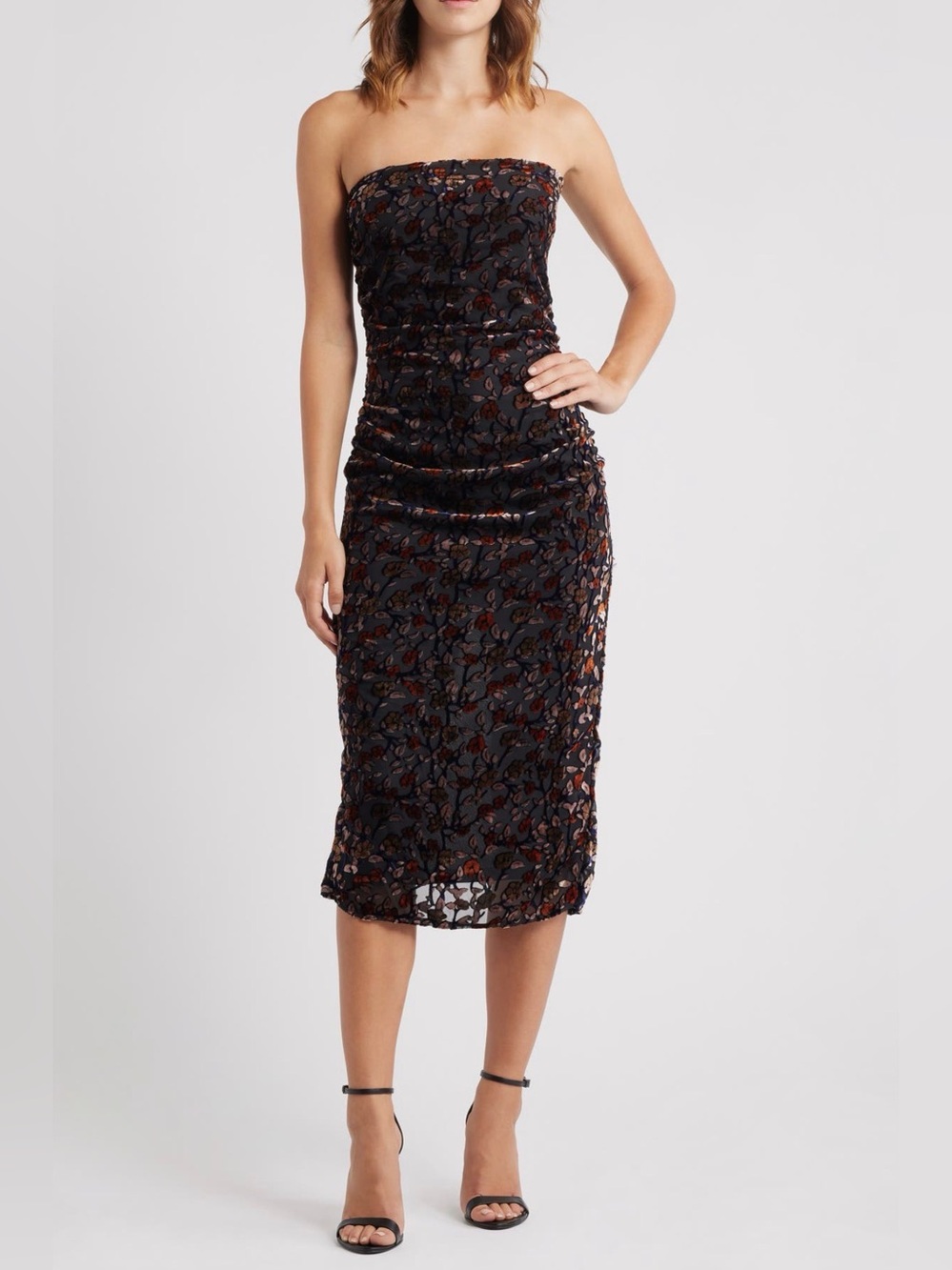 Lulus - Strapless Black Floral Velvet Midi Dress - XS